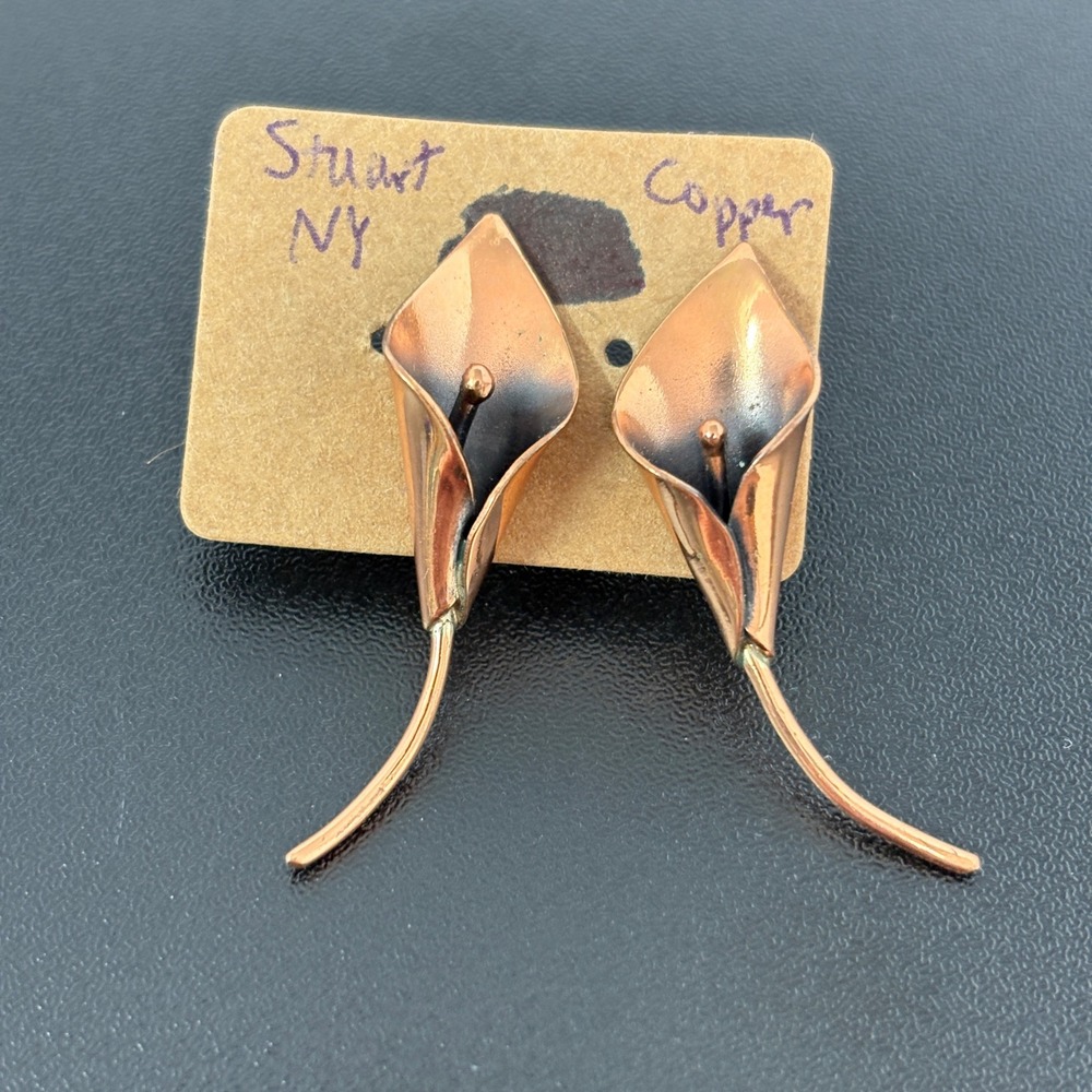 Stuart NY Women Earrings OS Copper Vintage Calla Lily Floral Post Back Artisan